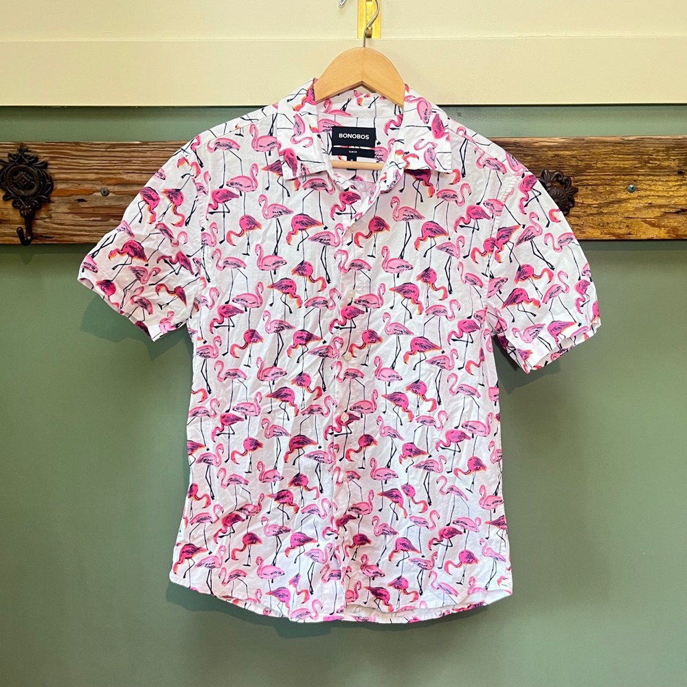 Bonobos Mens Slim Fit Flamingo Print Short Sleeve Button Down Shirt White Pink M